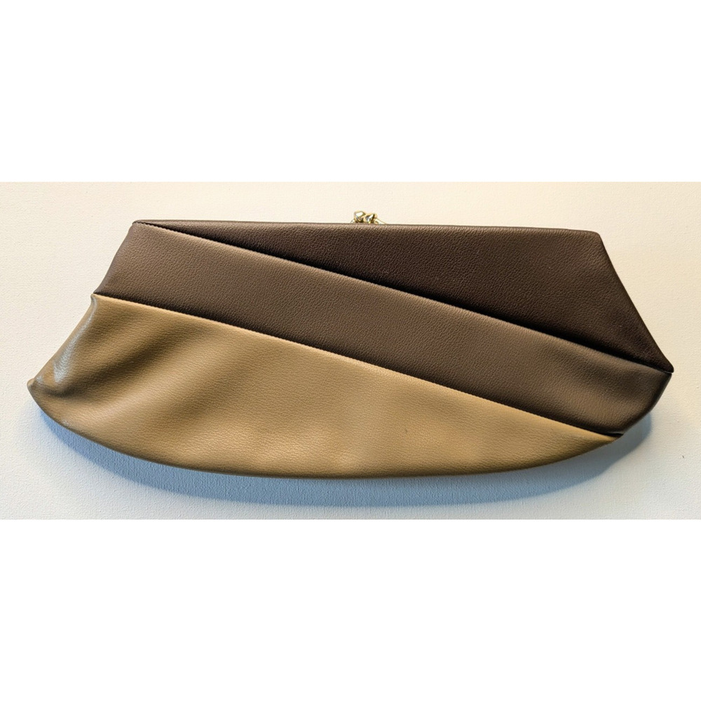 True Vintage Retro 3-toned 70s Style Brown & Beige Clutch, Kiss-Lock Clasp, Gold
